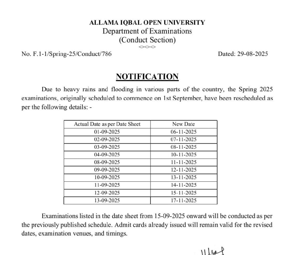 AIOU Exams Rescheduled AIOU Exams Rescheduled