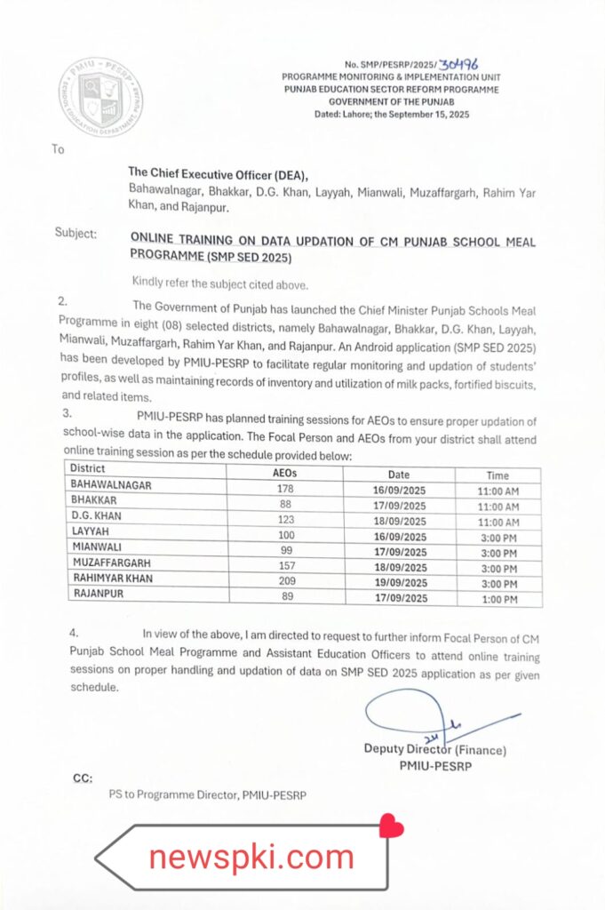 PMIU-PESRP Online Training: CM Punjab School Meal Programme Data Updation PMIU-PESRP Online Training: CM Punjab School Meal Programme Data Updation