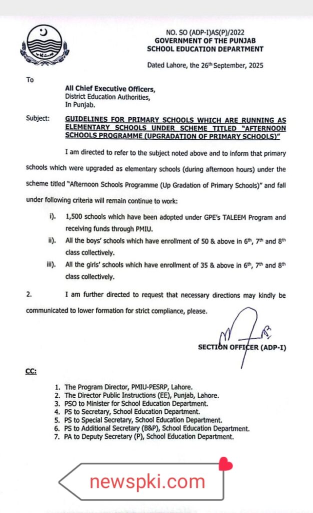 Punjab School Education Department Guidelines for Afternoon Schools Programme