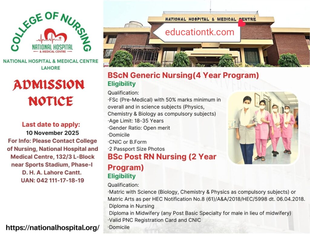 National Hospital & Medical Centre Lahore Nursing Admission 2025