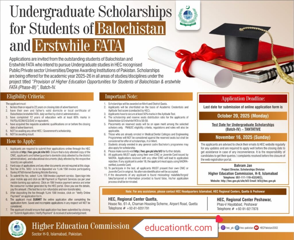 Balochistan & FATA Undergraduate Scholarships 2025-26: Apply Now