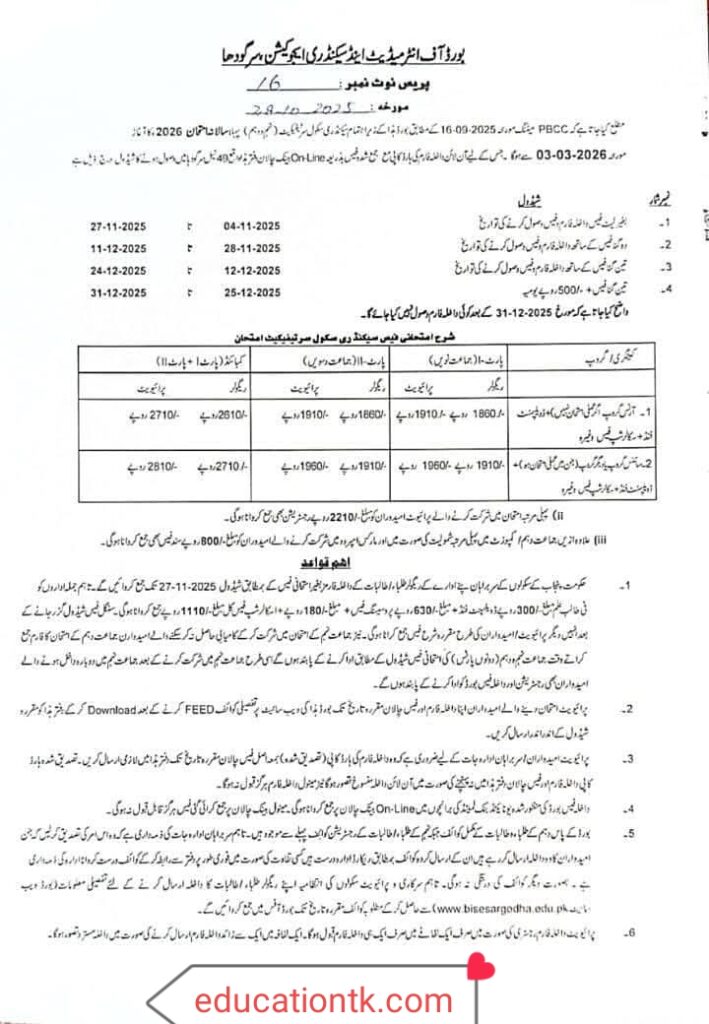 BISE Sargodha SSC Exam 2026 Form Submission no